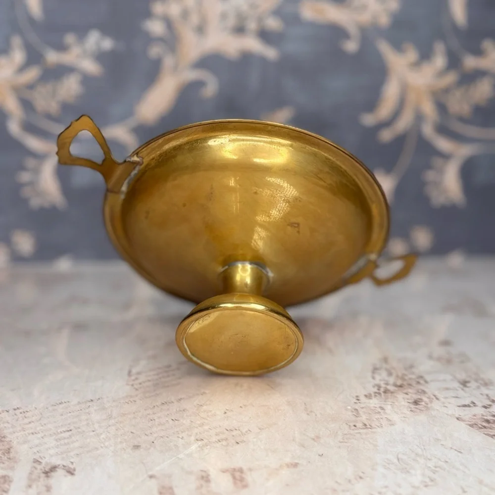 Antique Style Brass Pedestal Bowl w Handles Etched Footed Dish